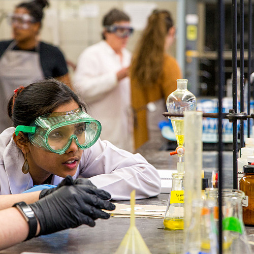 Students do a chemistry lab