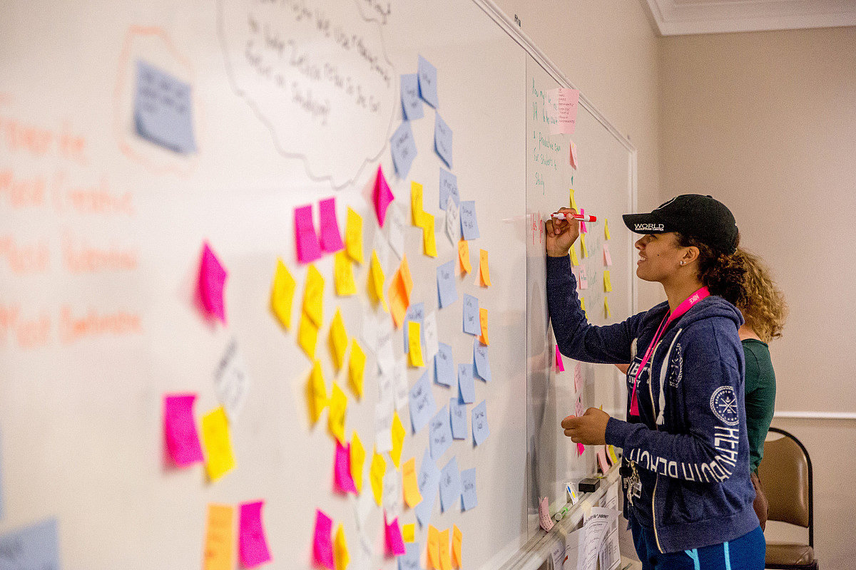 Student writing on white board