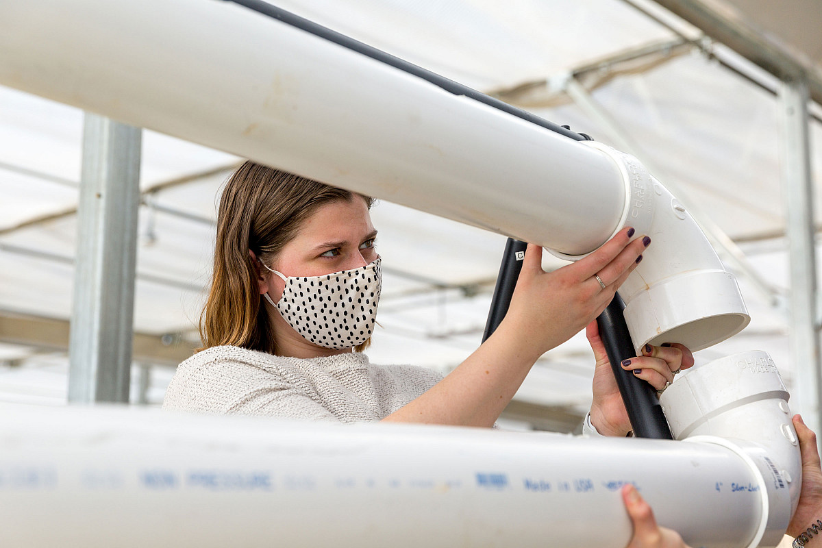 Rachel Logan '21 assembles a hydroponic system as part of her Engineering Capstone project.