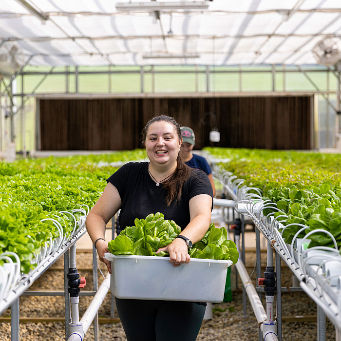 2022 Willits Fellow Nikki Adams works in the greenhouse